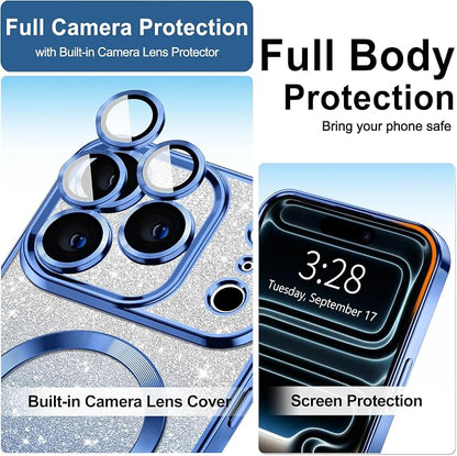 Hython for iPhone 17 Pro Max Case Glitter Clear Magnetic Phone Cases [Compatible with MagSafe] Full Camera Lens Protector Sparkle Luxury Plating Slim Shockproof Protective Cover, Gradient Deep Blue