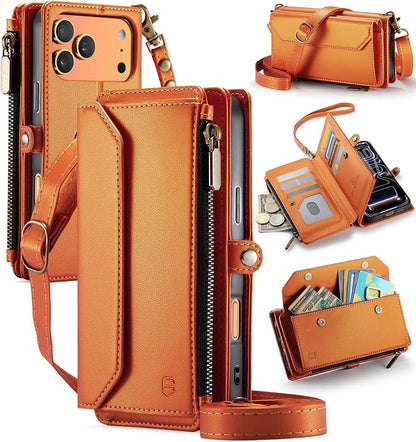 Strapurs Wallet Case Compatible with iPhone 17 Pro Max 6.9" RFID Blocking 10-Card Holder Soft PU Leather Magnetic Snap Shoulder Strap Zipper Pocket Phone Case Fit for iPhone 17 Pro Max - Orange