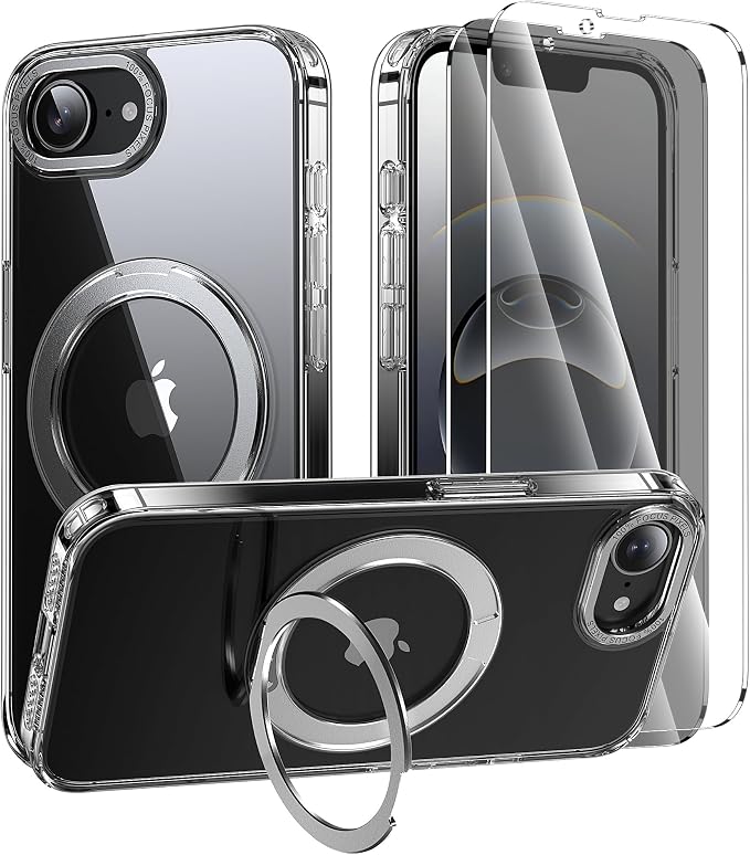 3 in 1 for iPhone 16E/17E Case Clear with Ring Holder,Screen Protector*2, Build in Kickstand,Military-Grade Protection for iPhone 16e&17e Case 6.1 inch Clear - MagStand