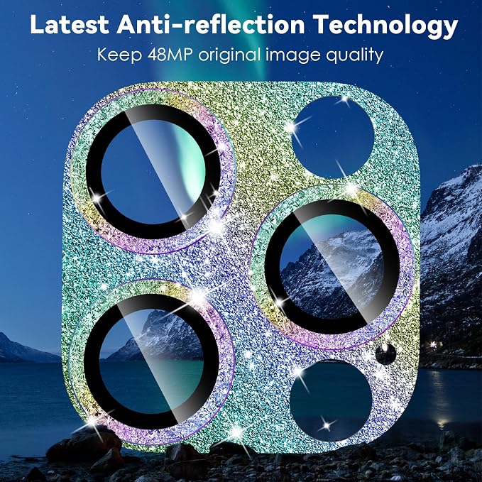 CloudValley Glitter Camera Lens Protector for iPhone 14 Pro / 14 Pro Max, 9H Tempered Glass [All in 1 Design], Case Friendly Anti-Scatch High Definition, GlitterColorful