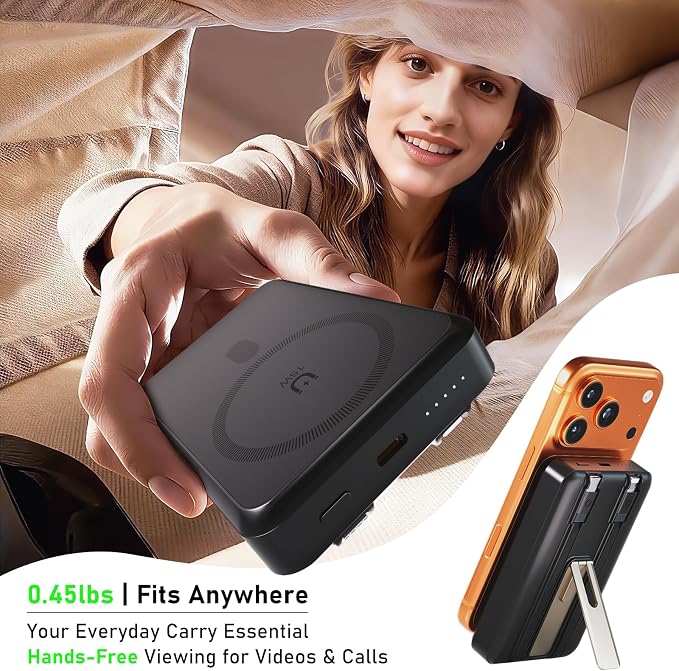 Magnetic Power Bank 10000mAh, 4-in-1 Portable Charger with Built-in USB-C/Lightning Cable Foldable Stand, 15W Fast Charging Wireless Battery Pack for Samsung, Android, iPhone, Travel Essential