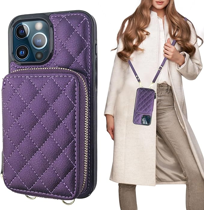 Bocasal Crossbody Wallet Case for iPhone 13 Pro Max, RFID Blocking PU Leather Zipper Handbag Purse Flip Cover, Kickstand Folio Case with Card Slots Holder Wrist Strap Lanyard 5G 6.7 Inch (Dark Purple)