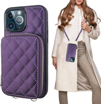 Bocasal Crossbody Wallet Case for iPhone 13 Pro Max, RFID Blocking PU Leather Zipper Handbag Purse Flip Cover, Kickstand Folio Case with Card Slots Holder Wrist Strap Lanyard 5G 6.7 Inch (Dark Purple)