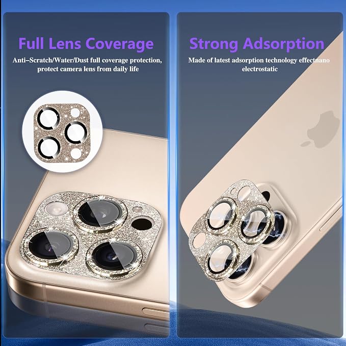 Camera Lens Protector for iPhone 16 Pro/iPhone 16 Pro Max, Glitter Camera Cover with 9H Tempered Glass Metal Ring, Lens Protector for iPhone 16 Pro/16 Pro Max (Glitter-Titanium Gold)