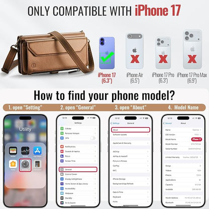 Strapurs Wallet Case Compatible with iPhone 17 6.3" RFID Blocking 9-Card Holder Soft PU Leather Magnetic Snap Shoulder Strap Zipper Pocket Phone Case Fit for iPhone 17 for Women - Brown