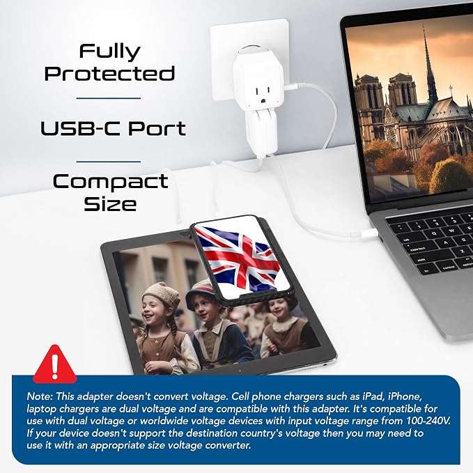 Ceptics UK, Hong Kong, Travel Plug Adapter Set, Safe Grounded USB-C 30W PD & QC 3.0-2 USA Socket - Compact & Powerful - Ireland, England, Dubai, Saudi Arabia - Includes Type G Swadapt Attachments