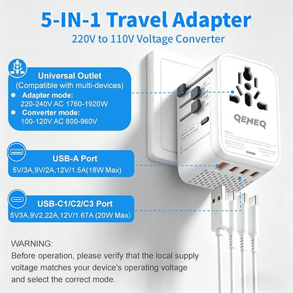 220V to 110V Converter Universal Travel Adapter Compact Voltage Converter Step Down Power Adapter with 3 USB C & USB A Ports US Canada to Europe Plug Adapter UK AU for Hair Dryer (White)