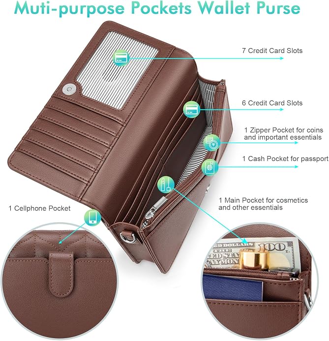 nuoku Women Small Crossbody Bag Cellphone Purse Wallet with RFID Card Slots 2 Straps Wristlet