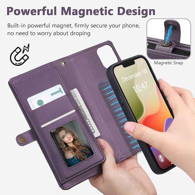 Wallet Case for iPhone 14 Plus with Card Holder/Crossbody Wallet/Strap| RFID Blocking | Magnetic | Kickstand | Detachable | PU Leather Phone Case for iPhone 14 Plus,6.7 in,Purple