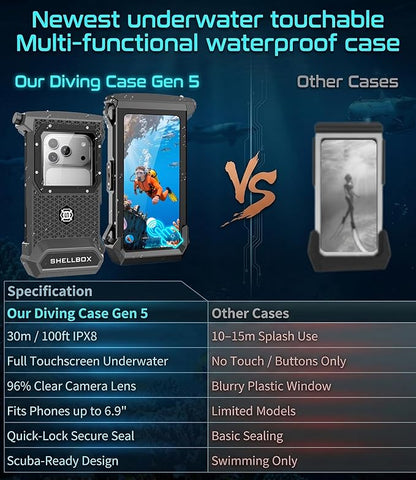 Gen 5th Diving Phone Case for iPhone 17 16 15 14 13 12 11 Pro Max Galaxy S25 S24 S23 Ultra, [98ft/30m] Waterproof Shellbox Underwater Camera Housing, Professional for Scuba Snorkeling (Gray)