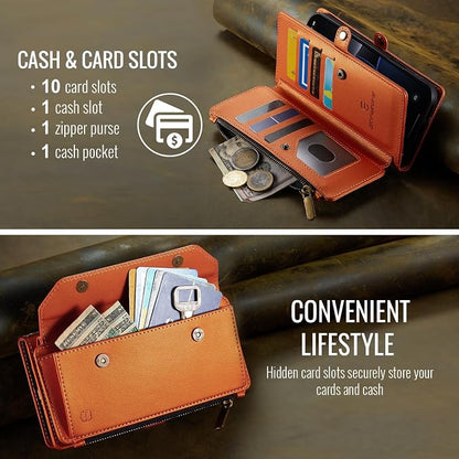 Strapurs Wallet Case Compatible with iPhone 16 Pro Max 6.9" RFID Blocking 10-Card Holder Soft PU Leather Magnetic Snap Shoulder Strap Zipper Pocket Phone Case Fit for iPhone 16 Pro Max - Orange
