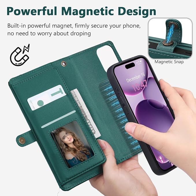 Wallet Case for iPhone 16 Plus with Card Holder/Crossbody Wallet/Strap| RFID Blocking | Magnetic | Kickstand | Detachable | PU Leather Phone Case for iPhone 16 Plus,6.7 in,Green