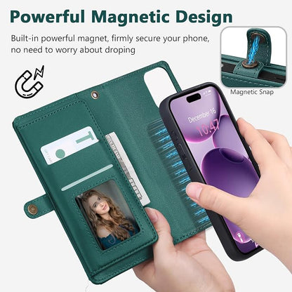 Wallet Case for iPhone 16 Plus with Card Holder/Crossbody Wallet/Strap| RFID Blocking | Magnetic | Kickstand | Detachable | PU Leather Phone Case for iPhone 16 Plus,6.7 in,Green