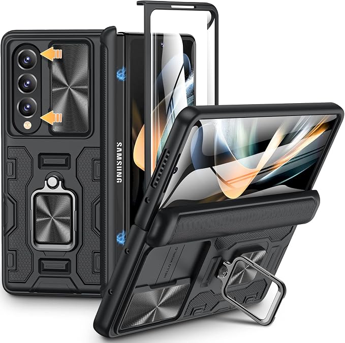 VEGO for Galaxy Z Fold 4 Case with Slide Camera Cover & Hinge Protection | Fold 4 Phone Case with Screen Protector 360°Magnetic Kickstand Protective Cover for Samsung Galaxy Z Fold 4 5G - Black