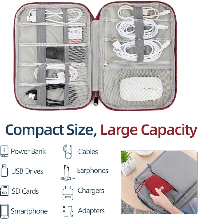 Cord Organizer Travel Case, Cable Organizer Bag for Chargers, USB Cables, Power Bank & Electronics Accessories, Portable Tech Organizer Pouch with Mesh Pockets, Water Resistant Travel Gear Bag