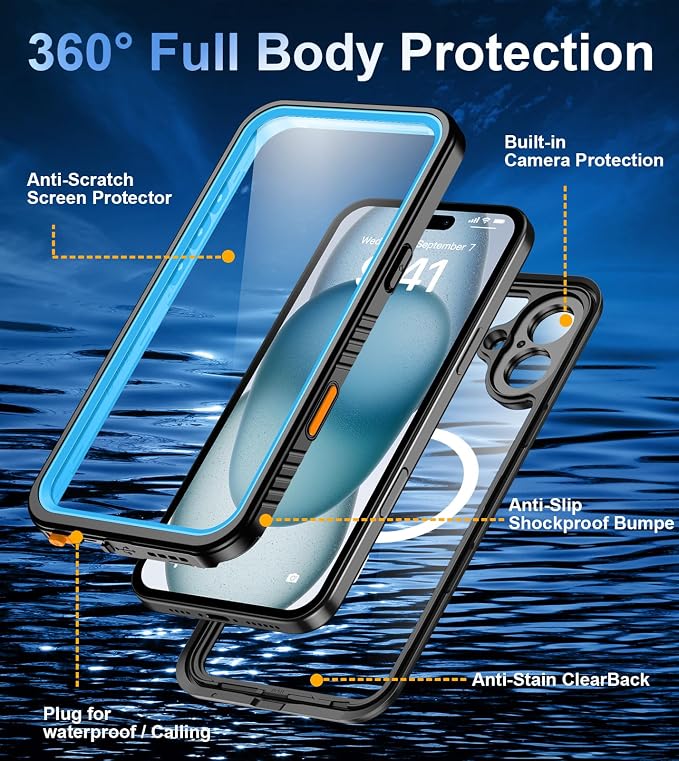 Oterkin Waterproof Case for iPhone 16 Plus Case Compatible with MagSafe, Full Body Rugged 16 Plus Phone Case with Built-in HD Screen & Lens Protector [12FT Military Grade] Case (Blue)