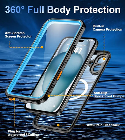Oterkin Waterproof Case for iPhone 16 Plus Case Compatible with MagSafe, Full Body Rugged 16 Plus Phone Case with Built-in HD Screen & Lens Protector [12FT Military Grade] Case (Blue)