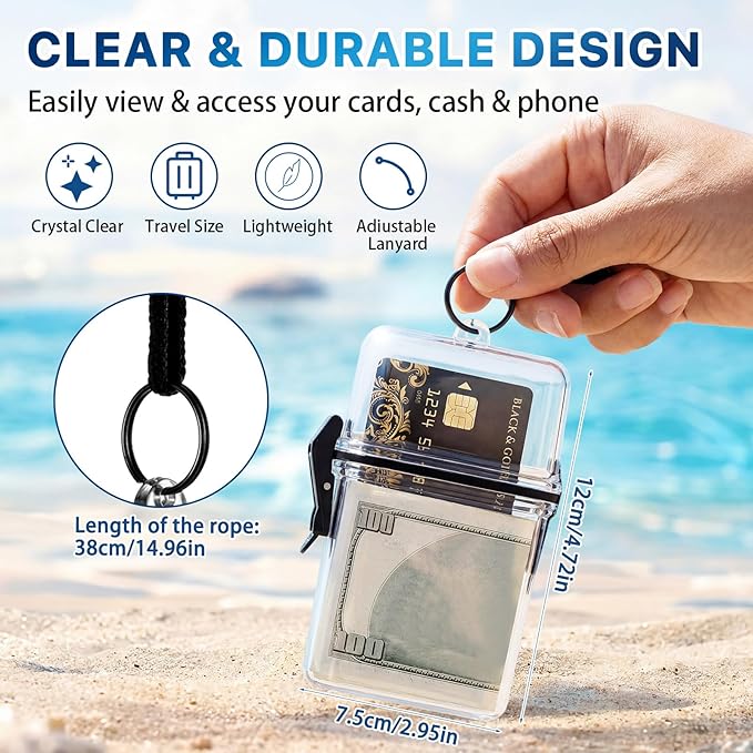 Outus 3 Pcs Waterproof ID Badge Holder Case with Waterproof Buckle Floating Sports Case Locker with Adjustable Hanging Rope Plastic Card Dry Box(Clear, Gray, Blue,4.72 x 2.95 x 1.57 in,Classic)