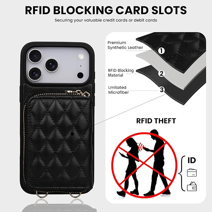Keallce Case for iPhone 17 Pro Max 6.9'' Wallet Case, Crossbody Zipper Purse with Wrist Strap Lanyard Handbag, RFID Blocking Card Holders, Kickstand Flip Leather Cover for iPhone 17 Pro Max, Black
