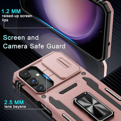 DEERLAMN Case for Samsung Galaxy A16 5G with Slide Camera Cover+Screen Protector (1 Pack), Rotated Ring Kickstand Military Grade Shockproof Protective Cover-Rose Gold