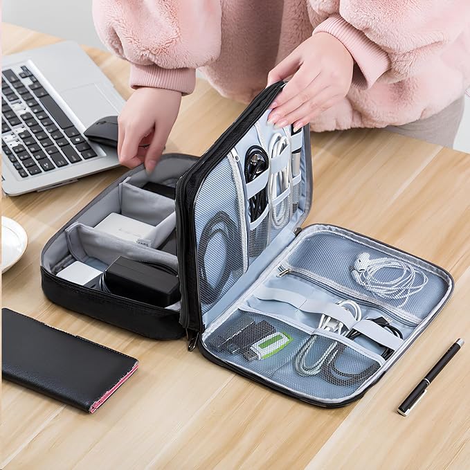 Cable Organizer Case – Double-Layer Cord Travel Storage Bag for Tech Accessories, Electronics, Chargers, Cables, Laptop & Tablet – Weatherproof & Portable Case for Travel