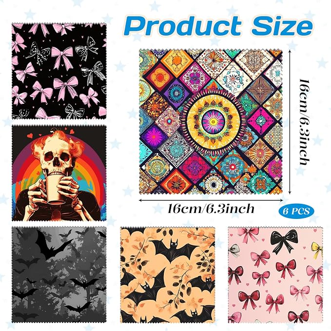 6 PCS Glasses Cleaning Cloth Eyeglass Lens Cleaning Cloth Eyeglasses Wipes Microfiber Reusable Soft for Phone Screens Camera Unisex Women Girls Cute Aesthetic (6.3"x6.3")-Bat Bowknot