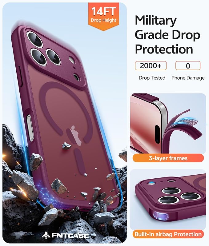 FNTCASE for iPhone 17 Pro Max Case, Fit for Magsafe, Screen Protector | Full Camera Protection, Translucent Matte, 14FT Military Grade Drop Proof, Shockproof Protective Phone Cover, Wine Red