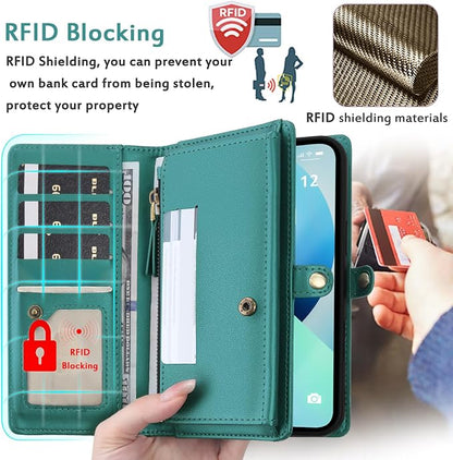 for Wallet Case Compatible with iPhone 15,Multi-Function Detachable 2 in 1 Magnetic iPhone 15 Wallet,Flip Strap Zipper Card Holder Phone Case with Shoulder Straps (Green)
