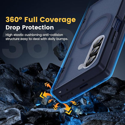 Caka Magnetic for Samsung Galaxy Z Fold 5 Case with Hinge Protection Blue | Compatible with MagSafe, Built-in Outer Screen Protector, Hinge Guard, Translucent Matte Back, 360° Hybrid Drop Defense
