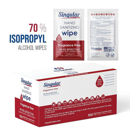 Hand Sanitizing Wipes Travel Size by Singular Wipes –100ct Individually Wrapped | Fragrance-Free, Moisturizing, 70% Isopropyl Alcohol Wipes | Travel, Home, Office, Daily Use