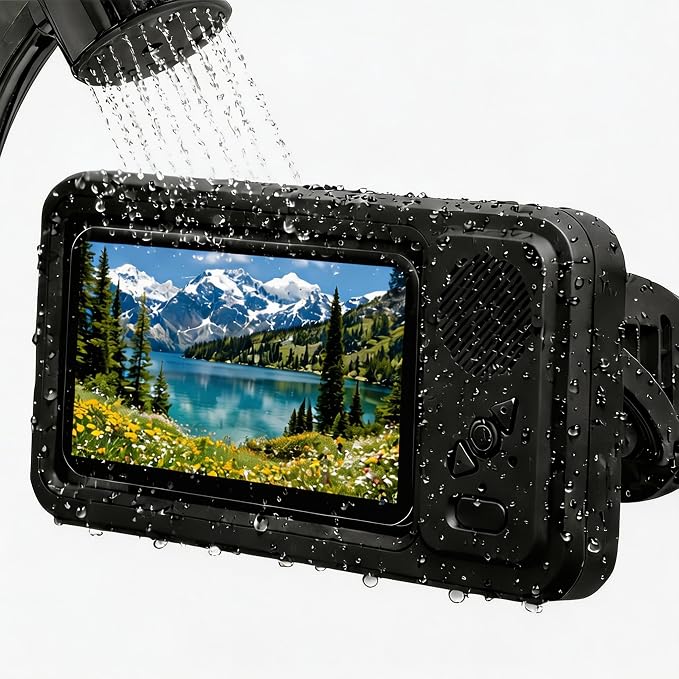 Waterproof Shower Phone Holder with Built-in Bluetooth Speaker, Wall Mount Touch Screen Phone Case for Bathroom, Anti-Fog Window, Fits Smartphones up to 7”, Hands-Free Video & Music (Black)