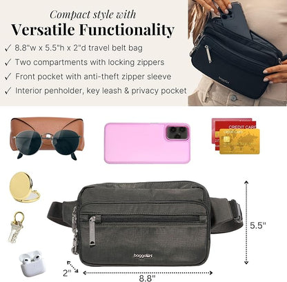 Baggallini Securtex Anti-theft Belt Bag 8.8"x5.5" Crossbody Fanny Pack for Women RFID Wallet Locking Zipper Travel Purse