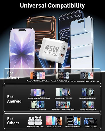 45W USB C Fast Charger for Google Pixel 10/10 Pro XL/Fold/10a/9/9 Pro XL/9a/8/8a/7/6/5/4 XL, 3-Pack 45W Dual Port Type C Wall Charger Super Fast Charging Block Power Adapter with 6FT USB-C Cable Cord