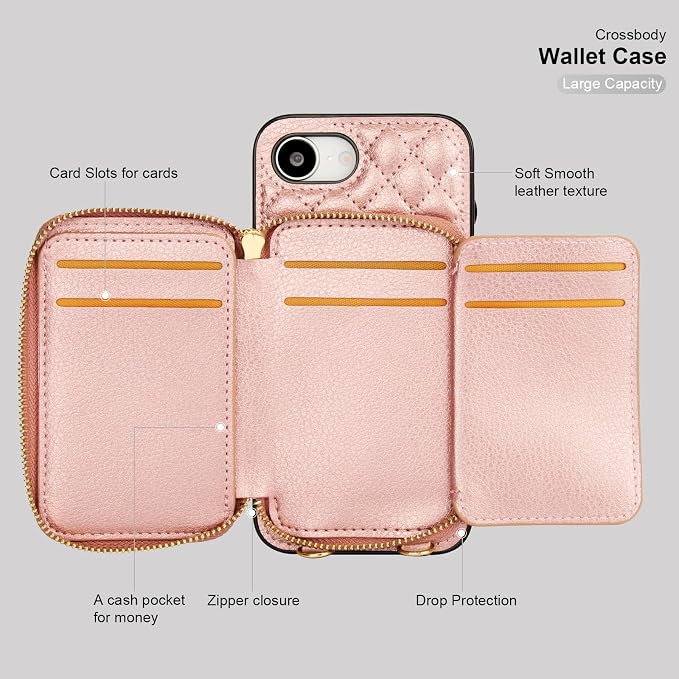 Bocasal Crossbody Wallet Case for iPhone 17e/16e, RFID Blocking PU Leather Zipper Handbag Purse Flip Cover, Kickstand Folio Case with Card Slots Holder Wrist Strap Lanyard 6.1 Inch 5G (Rose Gold)