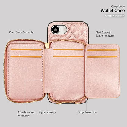 Bocasal Crossbody Wallet Case for iPhone 17e/16e, RFID Blocking PU Leather Zipper Handbag Purse Flip Cover, Kickstand Folio Case with Card Slots Holder Wrist Strap Lanyard 6.1 Inch 5G (Rose Gold)