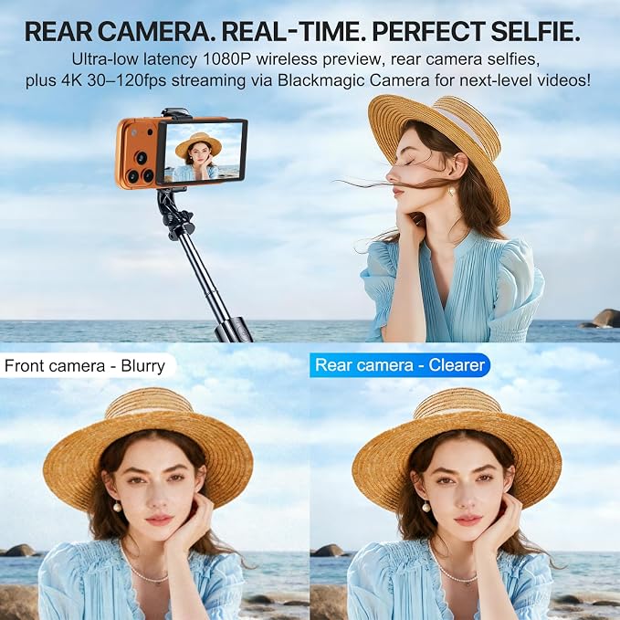 5" Selfie Monitor Screen iPhone 17,1080P Wireless Screen Mirroring Back Camera Monitor iPhone, Magnetic Selfie Screen with Headphone Jack, 2600mAh,100ft Remote for Vlog, Snaplylens for iPhone, Android