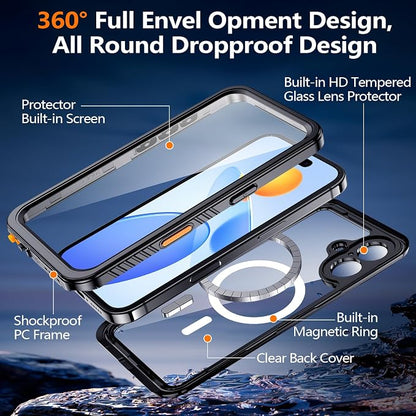 xiwxi for iPhone 16 Case Waterproof,[IP68 Underwater][Built-in Screen Protector ][Compatible with MagSafe][15FT Military Dropproof][Dustproof] Full Body Shockproof Protective Phone Case 6.1" Black