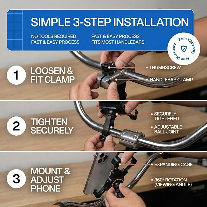 ANGORA BRANDS Bike Phone Holder for Handlebars – Secure & Adjustable Bicycle Phone Mount, 360° Rotation, Shockproof Anti-Slip Grip, Universal Fit for iPhone & Android