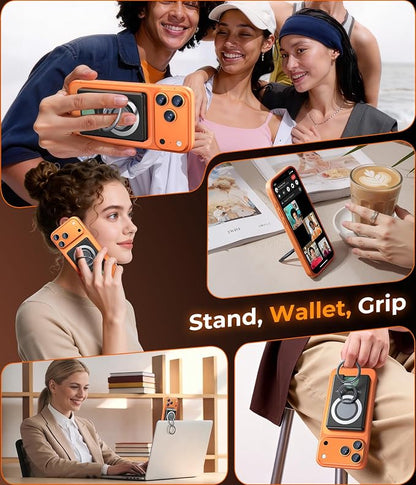 Compatible with Magsafe Wallet 3 Cards Holder [20X Strong Magnet] Magnetic Phone Grips Stand Mount Dual Ring 360° Rotation Desk Cellphone Fits for iPhone 17/16/15/14/13/12 Pro Max