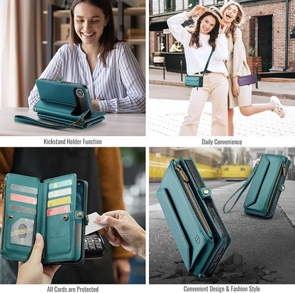 Strapurs Wallet Case Compatible with iPhone Air 6.5" RFID Blocking 10-Card Holder Soft PU Leather Magnetic Snap Shoulder Strap Zipper Pocket Phone Case Fit for iPhone 17 Air for Women - Blue Green