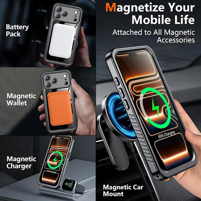 SPIDERCASE Magnetic for iPhone 17 Pro Case Waterproof,Built-in Screen & Camera Lens Protector[IP68 Waterproof] [Military Grade Shockproof] Full Body Protection Cover for iPhone 17 Pro 6.3’’,Black
