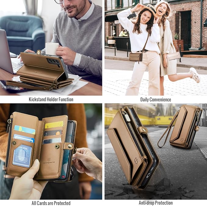 Strapurs Crossbody Wallet Case Compatible with Samsung Galaxy S22 5G RFID Blocking Card Holder Soft PU Leather Magnetic Snap Shoulder Strap Zipper Pocket Phone Case Fit for Galaxy S22 6.1" - Brown