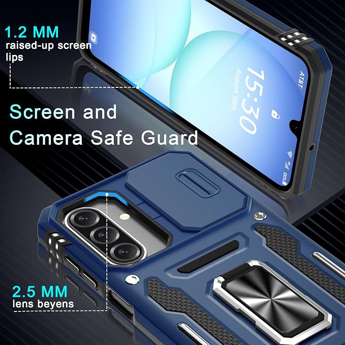 DEERLAMN Case for Samsung Galaxy A17 5G with Slide Camera Cover+Screen Protector (1 Pack), Rotated Ring Kickstand Military Grade Shockproof Protective Cover-Navy Blue