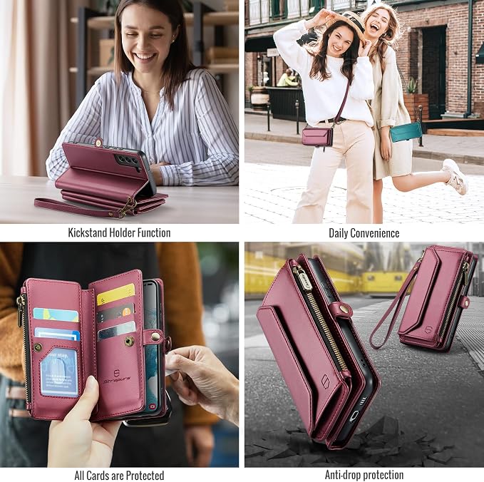 Strapurs Crossbody Wallet Case Compatible with Samsung Galaxy S22 5G RFID Blocking Card Holder Soft PU Leather Magnetic Snap Shoulder Strap Zipper Pocket Phone Case Fit for Galaxy S22 6.1" - Wine Red
