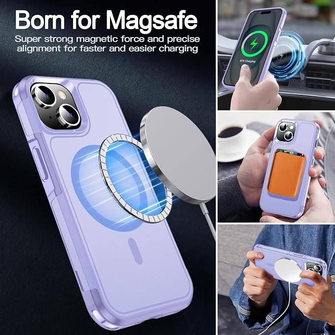 MOZOTER Magnetic for iPhone 15 Case with [2 Pcs Glass Screen Protector],[15 FT Shockproof][Compatible with Magsafe][Heavy Duty] iPhone Case for iPhone 15,Light Purple