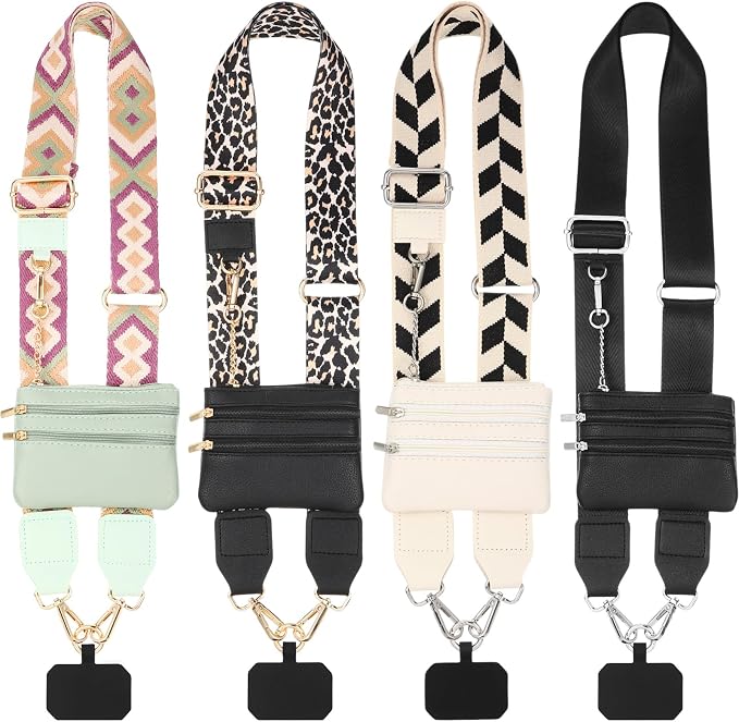 4 Pack Clip and Go Strap for Phone with Wallet Crossbody Phone Strap with Zippered Pouch Adjustable Lanyard Bag(Classic)