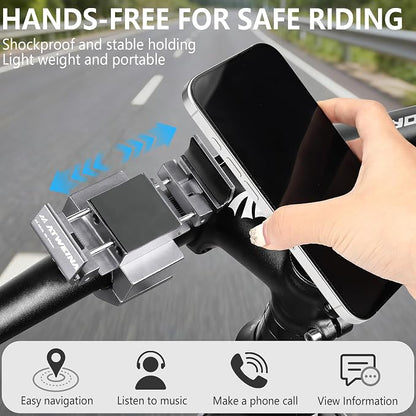 Bike Phone Holder, Motorcycle Phone Mount, Aluminum Alloy Bicycle Handlebar Cell Phone Stand, 360°Rotate Ebike Scooter Phone Clamp Clip, Suitable for 4.5-7.0" Smartphones (Silver)