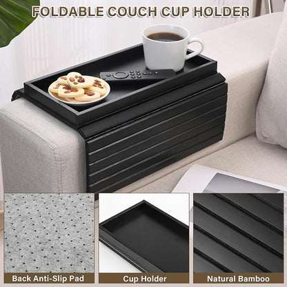 Bamboo Sofa Arm Tray, Anti-Dropping Couch Arm Tray, Foldable Sofa Armrest Tray Couch Arm Table for Eats, Drinks, Snacks, Remote, Cellphone, Cup Holder, Back Anti-Slip Pad Design