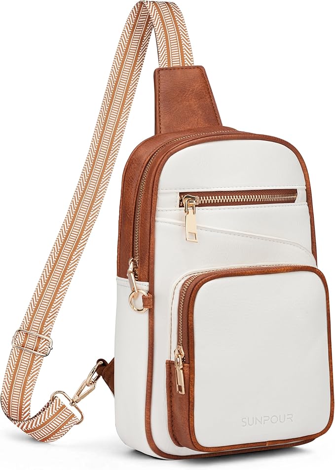Anti Theft Crossbody Bags for Women,RFID Sling Bag Travel Purse,Vegan Leather Cross Body Purses Chest Bag for Travel(white＆Brown) | Multi-Pocket, Structured bag, Any Occasion