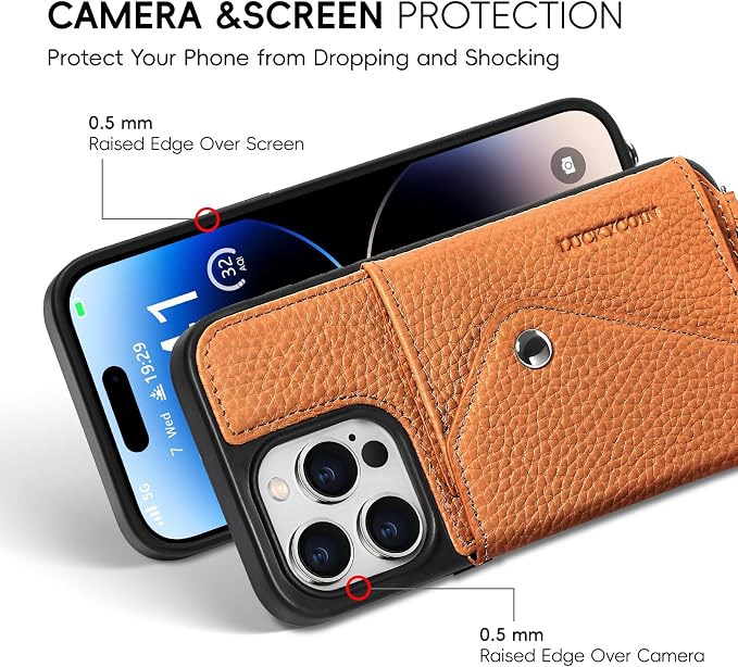 LUCKYCOIN for iPhone 14 Pro Crossbody Wallet Case – Genuine Leather Phone Purse with Adjustable Strap and Card Holder,Lanyard Phone Purse Case for Women,Pebble Grain Brown